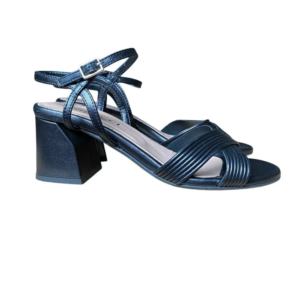 Sesto Meucci Afra - Black Leather Peep Toe Ankle Strap Sandal Block Heel - 8